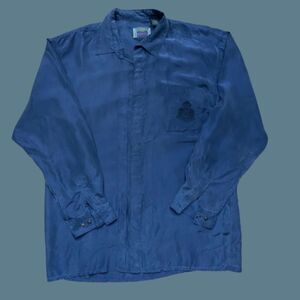 Novin Vintage 90s Navy Blue Hidden Button Front Silk Shirt Men's Size Large